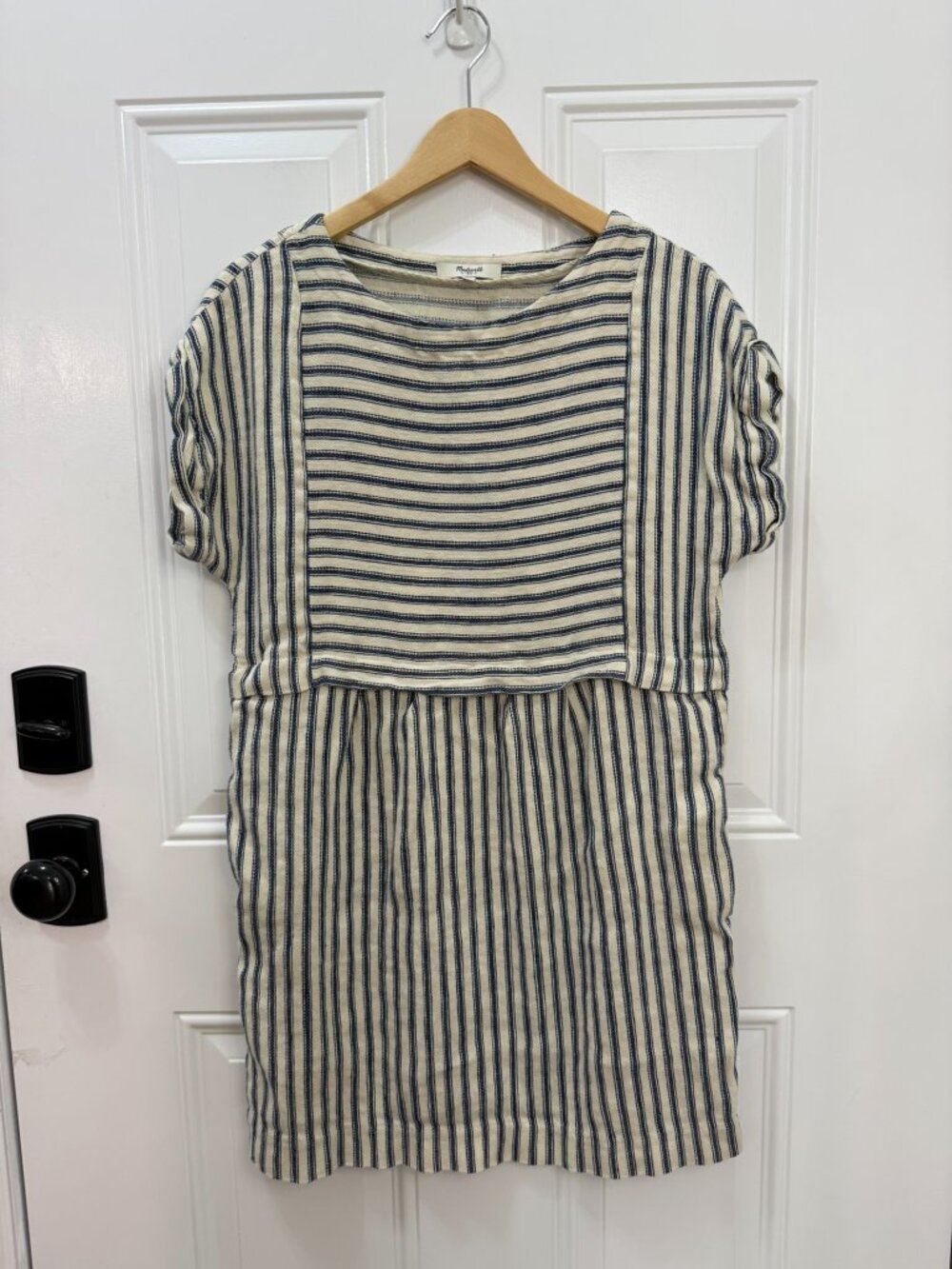 Madewell Linen Blend Mixed Stripe Shift Dress Blue Cream Size Small - Picture 2 of 7